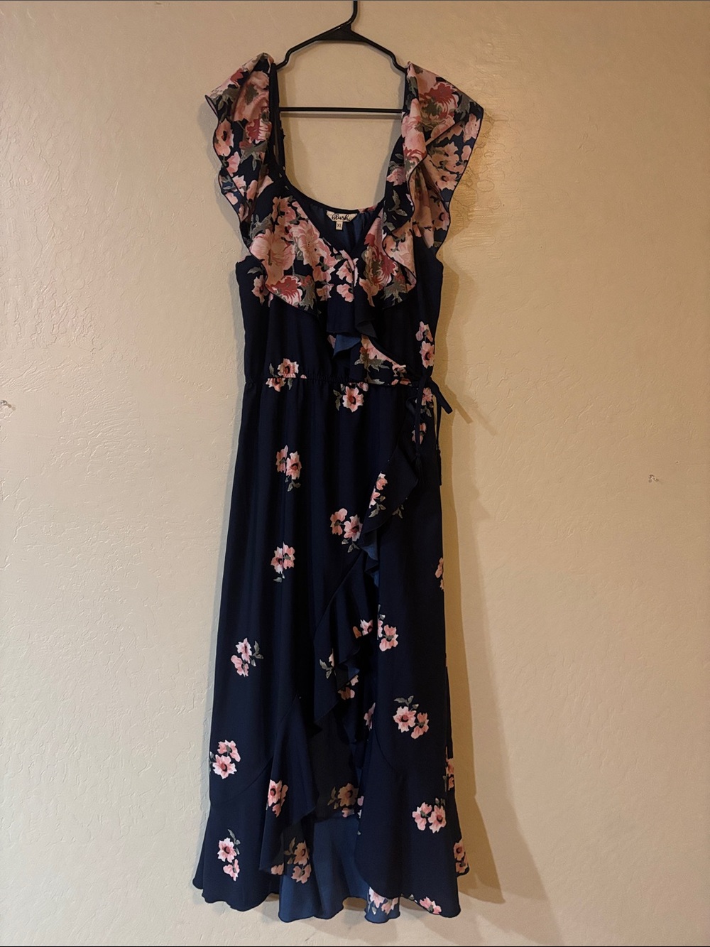 Blush Navy Maxi Dress with Pink Floral Ruffle